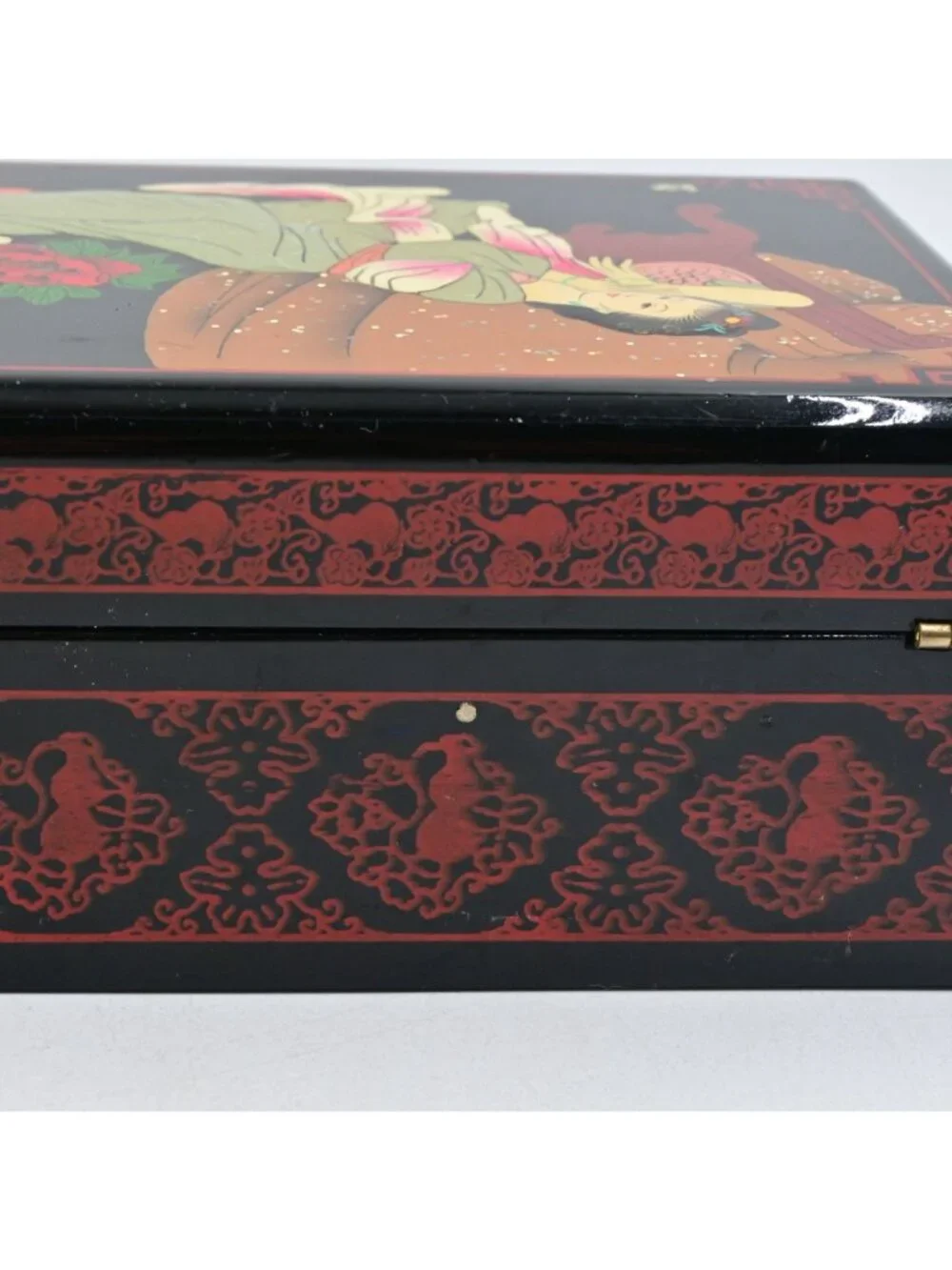 Chinese Black Lacquer Jewelry Box Vintage Hand Painted Reclining Lady Mirror